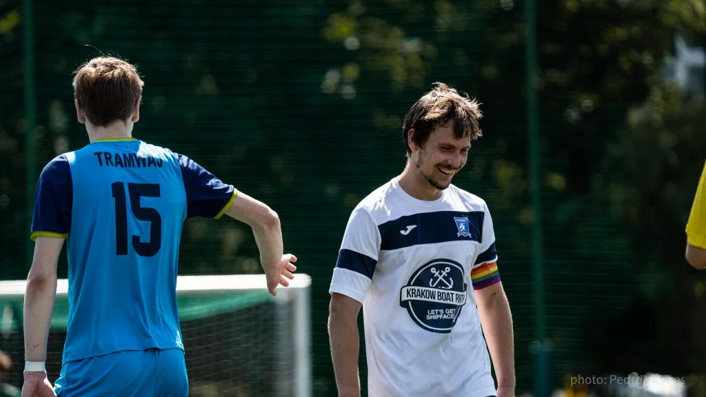 Mark Szczesnowicz of Krakow Dragoons FC greeting Tramwaj opponent