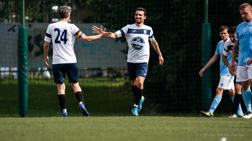 Simon Calabrese and Scott Halcrow of Krakow Dragoons FC celebrate a goal vs Bronowicki