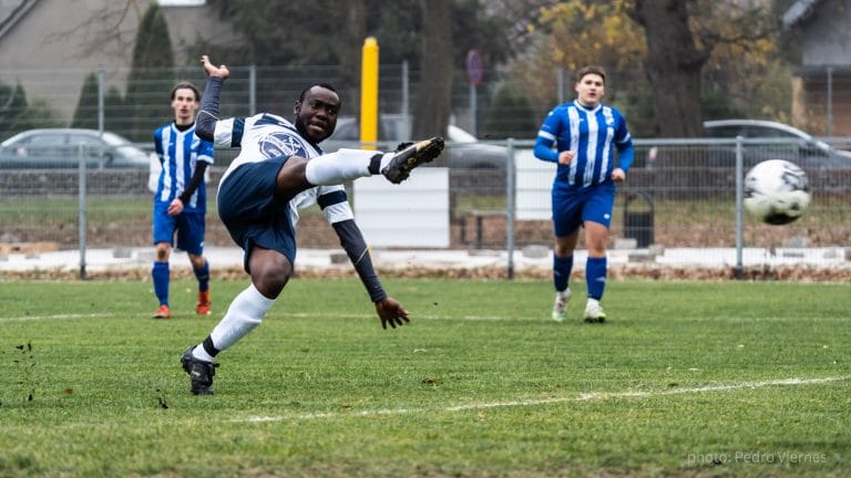 Cedrick Mwamba of Krakow Dragoons FC scoring an acrobatic goal