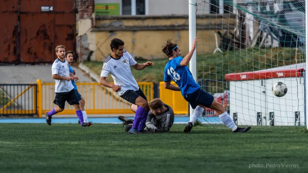 Josh Dawson of Krakow Dragoons FC nearly scoring a goal
