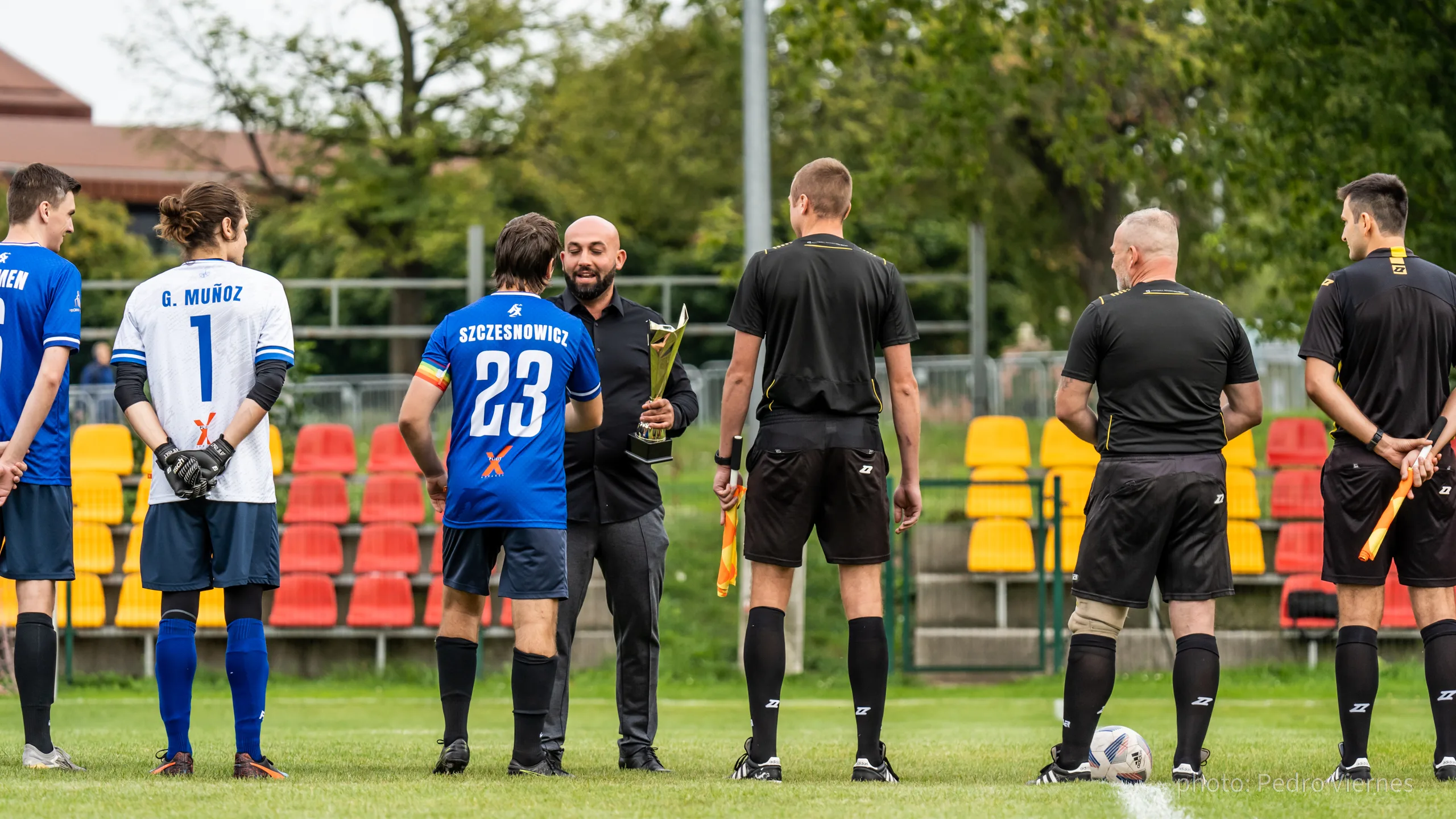 Krakow Dragoons FC players receiving their first trophy, after winning MZPN's Klasa B in 2021/22