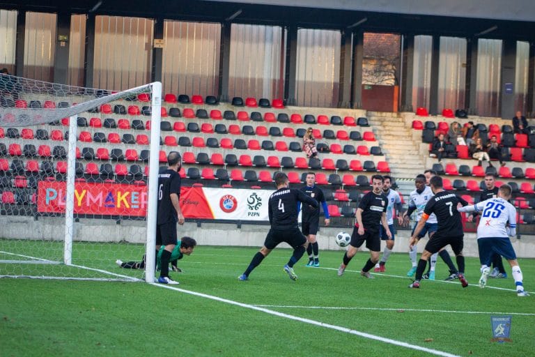 A loose ball in Podgórze's box vs Krakow Dragoons FC