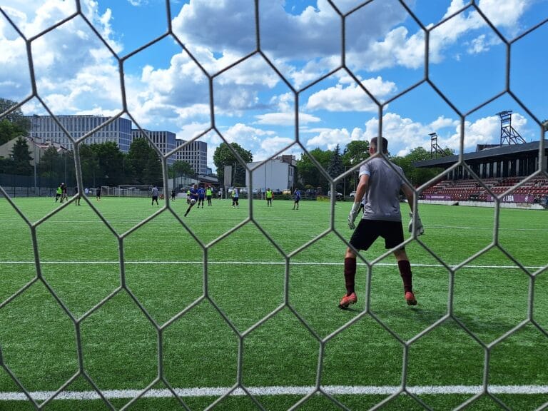 A view from Krakow Dragoons FC Marcin Obyrtacz's goal during shootout warm-up