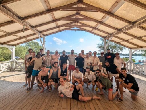 Krakow Dragoons FC players posing for a photo during their annual end of season awards party at Kryspinów, alongside former Polish player Marcin Wasilewski