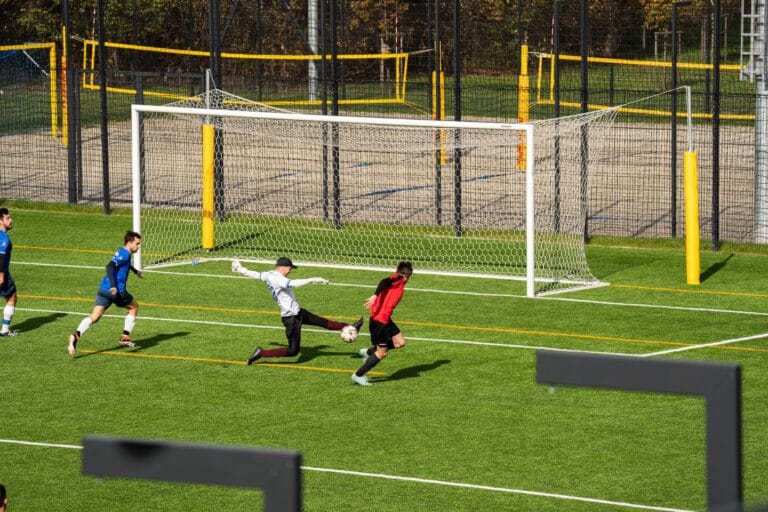 Marcin Obyrtacz of Krakow Dragoons FC saves an almost sure goal with his left foot